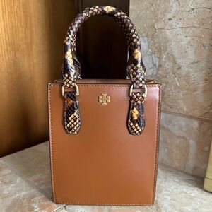 Tory Burch Blake Mixed Material Mini Shopper Crossbody Tote Classic Cuoio